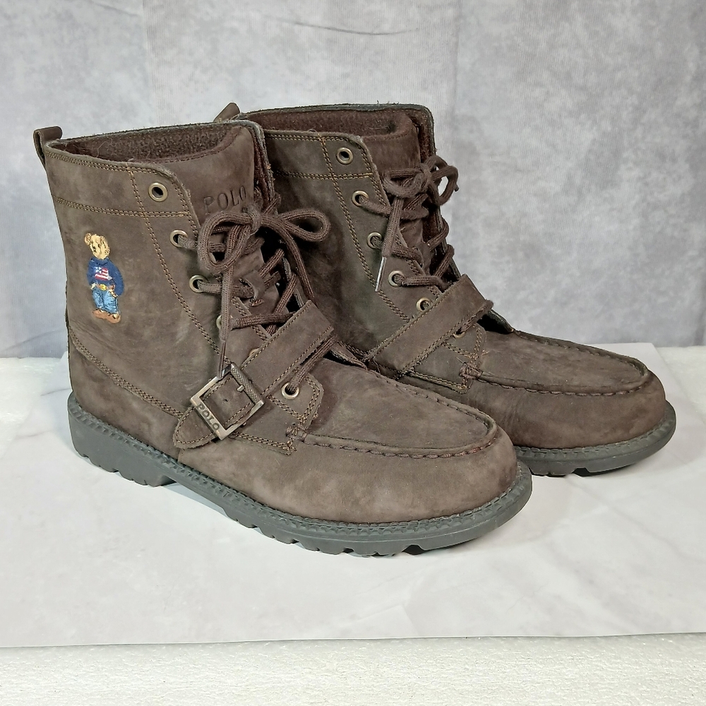 Polo Ralph Lauren Brown Suede Lace-Up Boots Bear Patch Size 7
